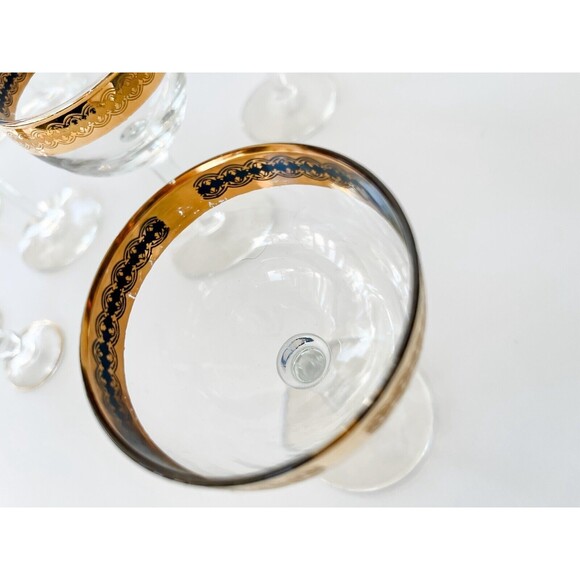 Set of 9 Vintage Etched Gold Rimmed Encrusted Crystal Wine Cordial Glasses - Picture 7 of 11